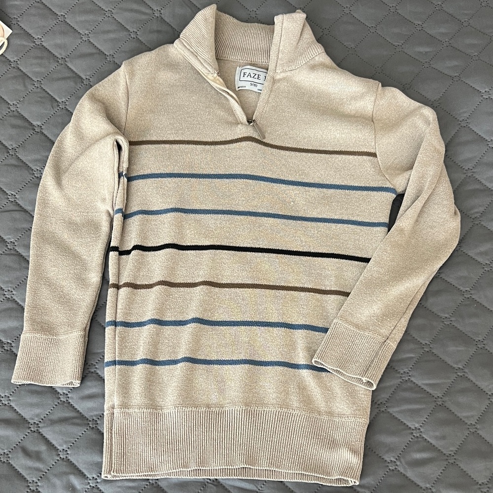 Boy's Beige Striped Zip-Up Sweater